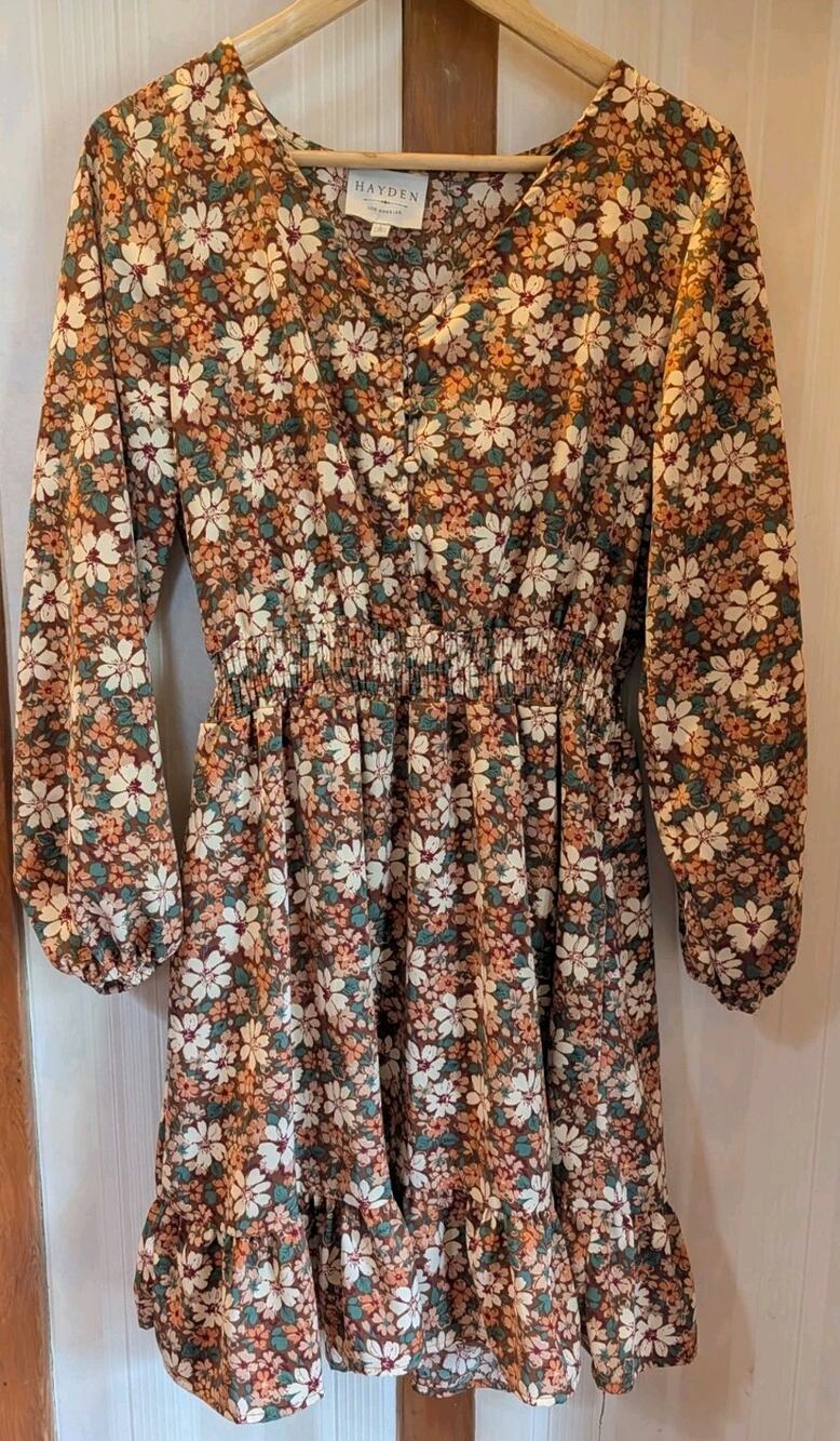 Hayden Dress Automn Fall Lined Women's Large Brown Floral Knee Length